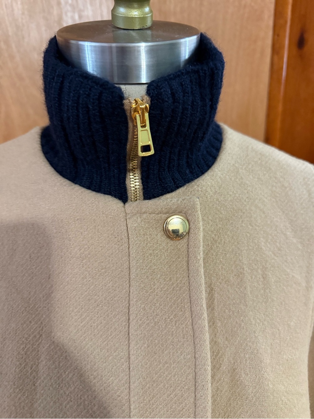 CHLOE women’s Tan Cape Jacket with Navy Trim - Picture 5 of 12
